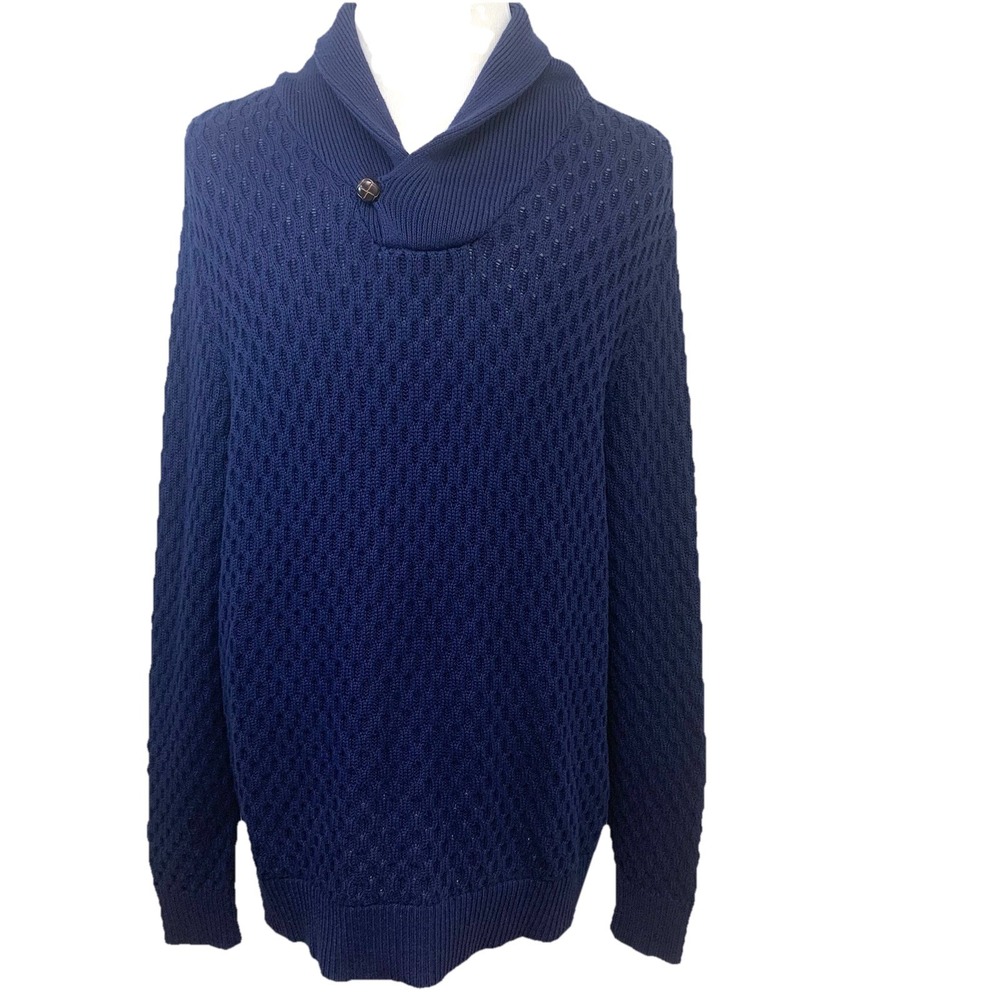 Merona Fisherman Shaw Collar Sweater Men XL Navy Blue Chunky 100% Cotton Blue